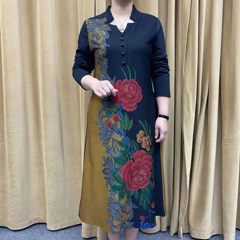V-Neck Noble Long Printed Dress