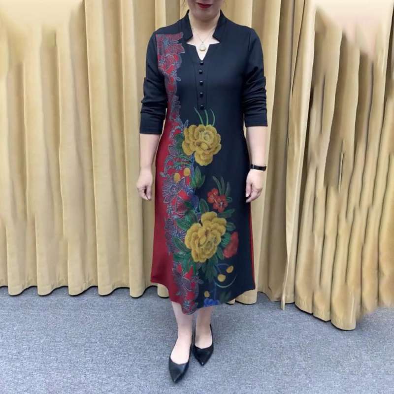 V-Neck Noble Long Printed Dress